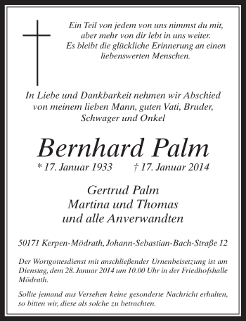 Anzeige von Bernhard Palm von  Werbepost 