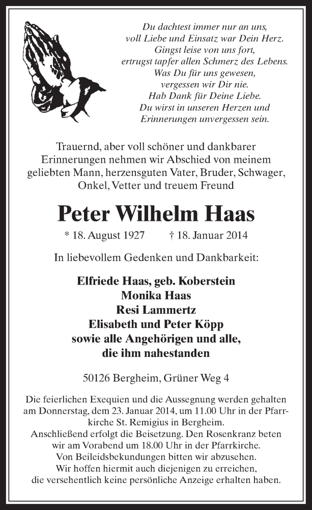  Traueranzeige für Peter Wilhelm Haas vom 22.01.2014 aus  Werbepost 