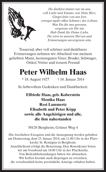 Anzeige von Peter Wilhelm Haas von  Werbepost 