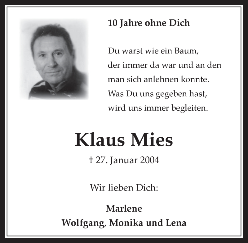  Traueranzeige für Klaus Mies vom 22.01.2014 aus  Wochenende 