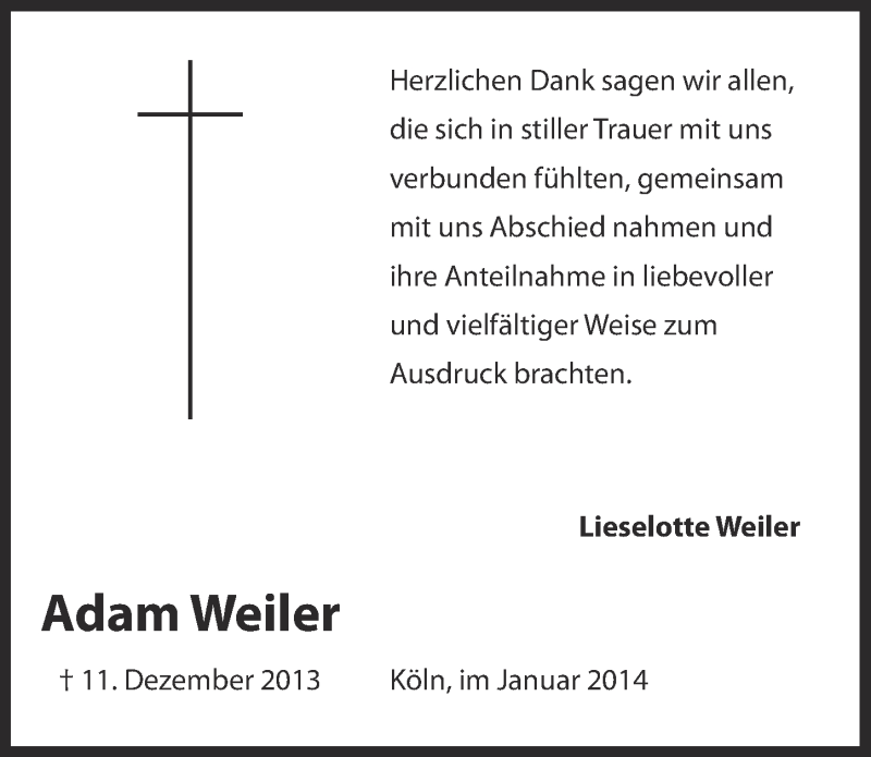  Traueranzeige für Adam Weiler vom 22.01.2014 aus  Kölner Wochenspiegel 