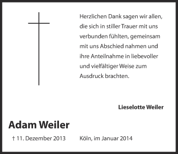 Anzeige von Adam Weiler von  Kölner Wochenspiegel 