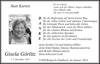 Anzeige von Gisela Görlitz von  Bergisches Handelsblatt 