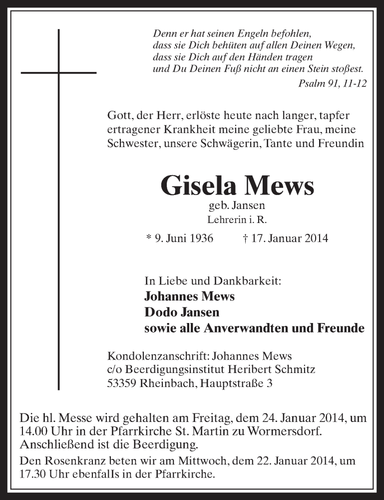  Traueranzeige für Gisela Mews vom 22.01.2014 aus  Schaufenster/Blickpunkt 