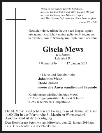 Anzeige von Gisela Mews von  Schaufenster/Blickpunkt 