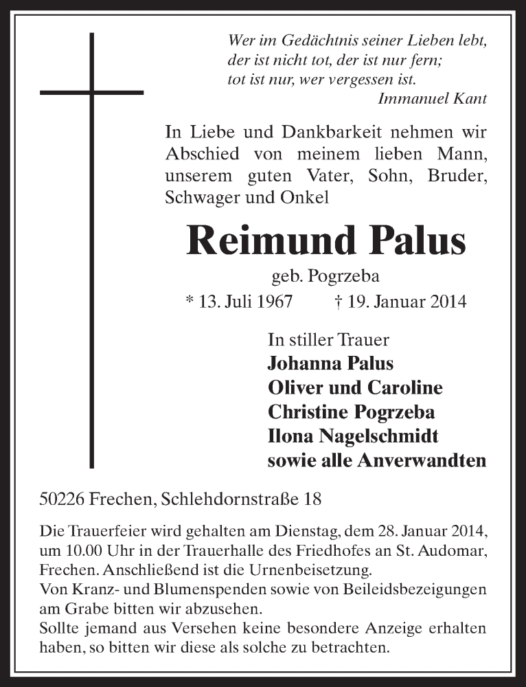  Traueranzeige für Reimund Palus vom 22.01.2014 aus  Wochenende 