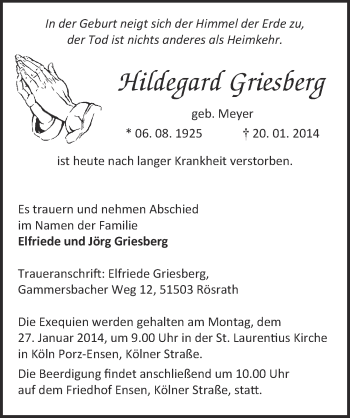 Anzeige von Hildegard Griesberg von  Kölner Wochenspiegel 