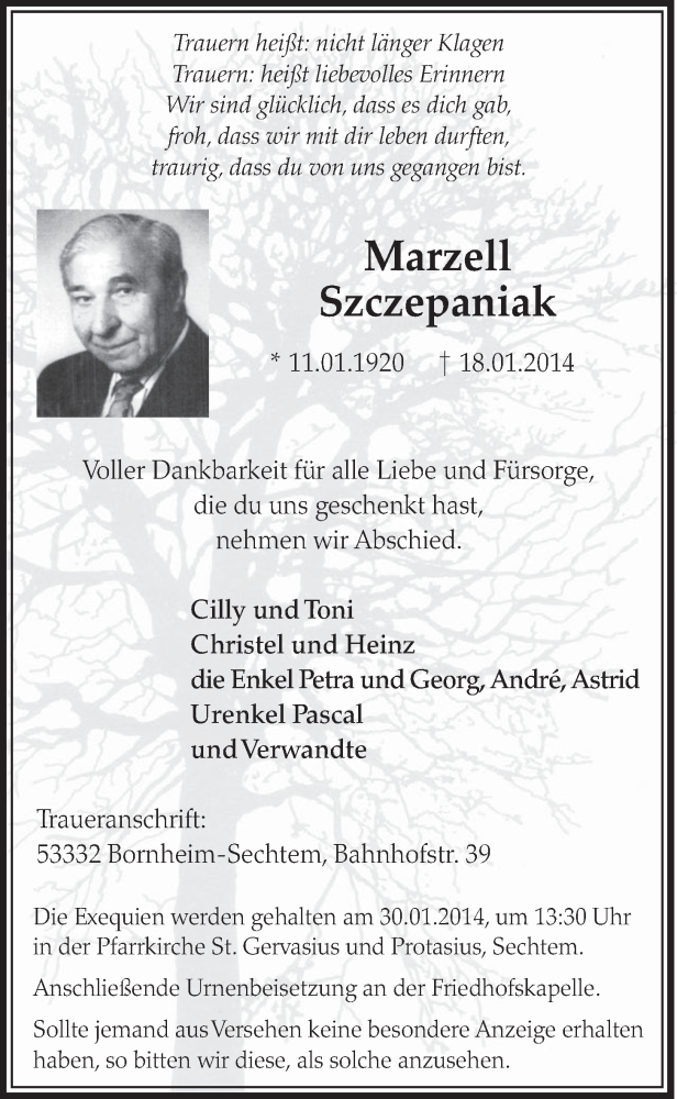  Traueranzeige für Marzell Szczepaniak vom 22.01.2014 aus  Schlossbote/Werbekurier 