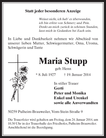 Anzeige von Maria Stupp von  Wochenende 