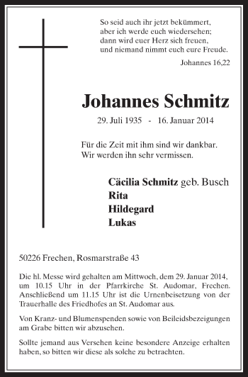Anzeige von Johannes Schmitz von  Wochenende 