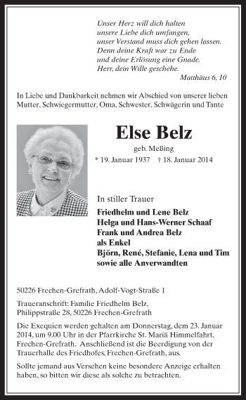 Anzeige von Else Belz von  Wochenende 