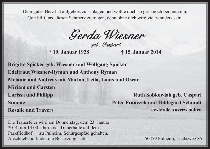  Traueranzeige für Gerda Wiesner vom 22.01.2014 aus  Wochenende 