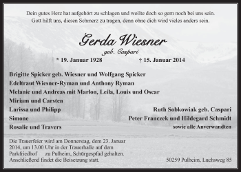 Anzeige von Gerda Wiesner von  Wochenende 