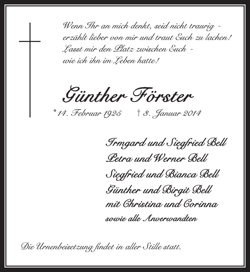  Traueranzeige für Günther Förster vom 25.01.2014 aus 