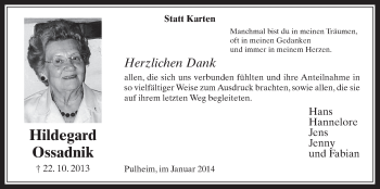 Anzeige von Hildegard Ossadnik von  Wochenende 