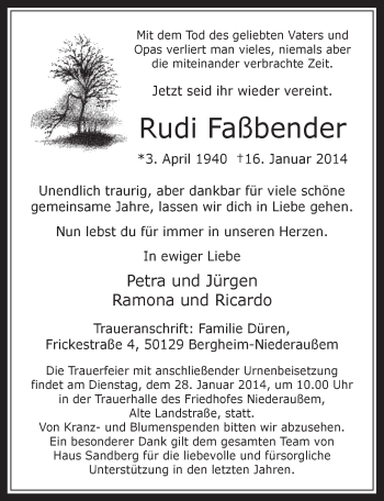 Anzeige von Rudi Faßbender von  Werbepost 