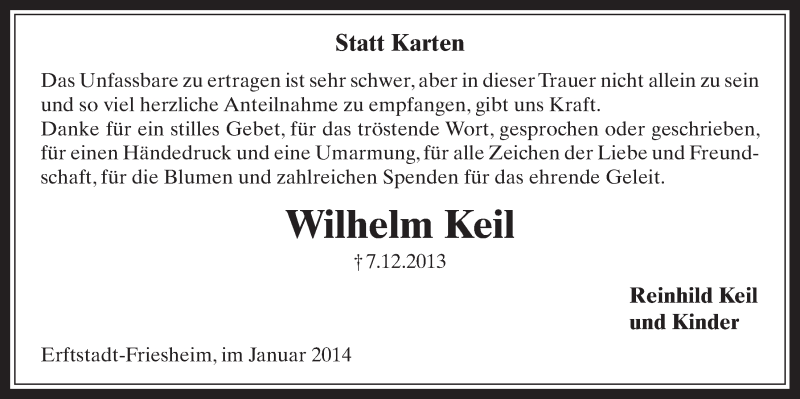  Traueranzeige für Wilhelm Keil vom 22.01.2014 aus  Werbepost 