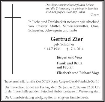 Anzeige von Gertrud Zier von  Schlossbote/Werbekurier 