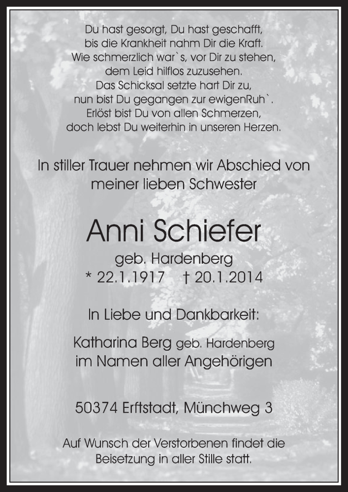  Traueranzeige für Anni Schiefer vom 22.01.2014 aus  Werbepost 