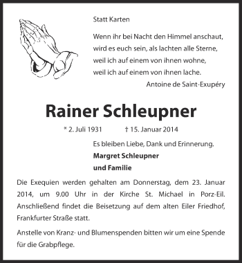 Anzeige von Rainer Schleupner von  Kölner Wochenspiegel 