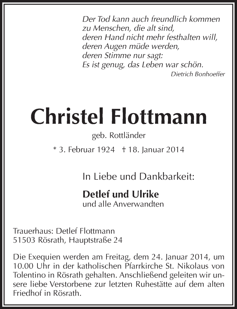  Traueranzeige für Christel Flottmann vom 22.01.2014 aus  Bergisches Handelsblatt 