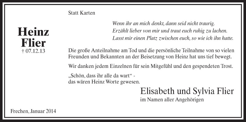  Traueranzeige für Heinz Flier vom 25.01.2014 aus  Sonntags-Post 