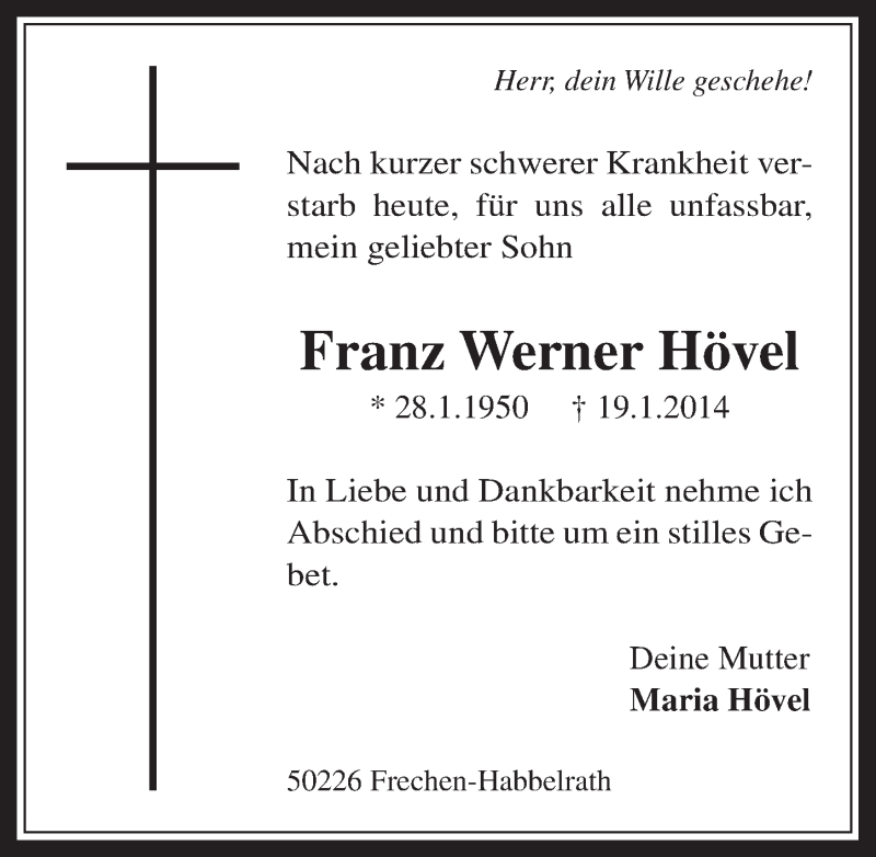  Traueranzeige für Franz Werner Hövel vom 25.01.2014 aus  Sonntags-Post 