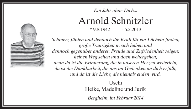  Traueranzeige für Arnold Schnitzler vom 05.02.2014 aus  Werbepost 