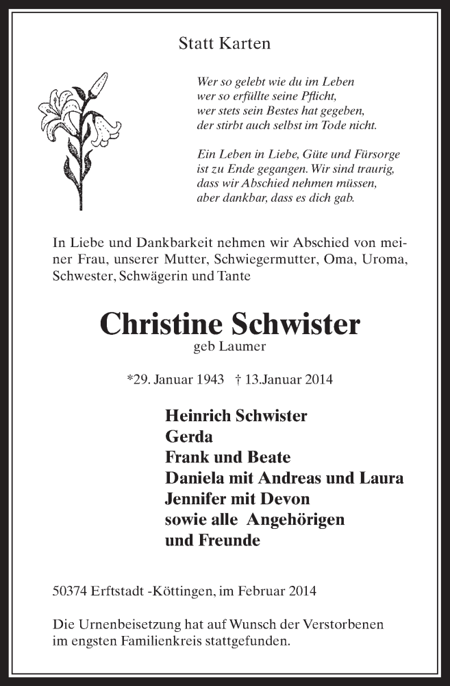  Traueranzeige für Christine Schwister vom 05.02.2014 aus  Werbepost 
