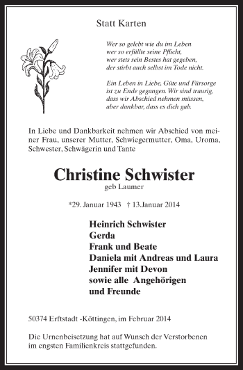 Anzeige von Christine Schwister von  Werbepost 