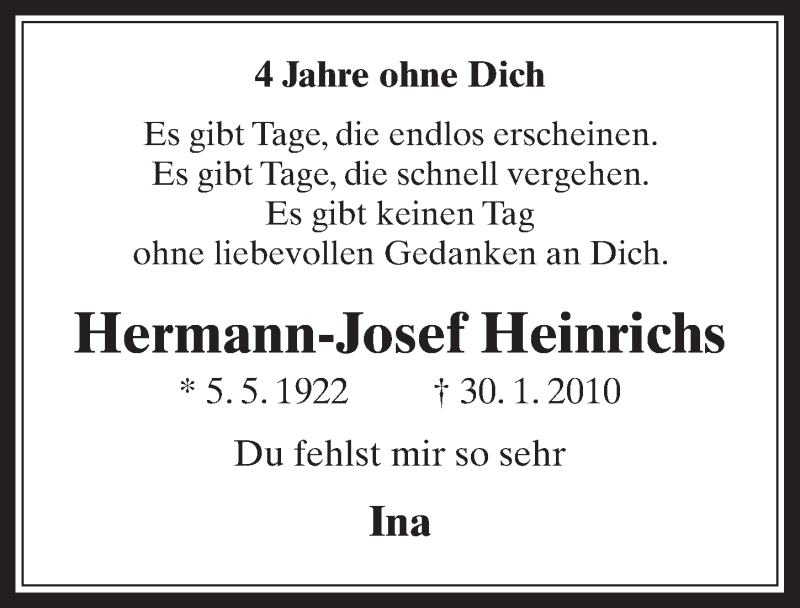  Traueranzeige für Hermann-Josef Heinrichs vom 29.01.2014 aus  Werbepost 