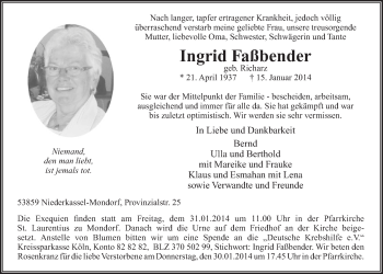 Anzeige von Ingrid Faßbender von  Extra Blatt 