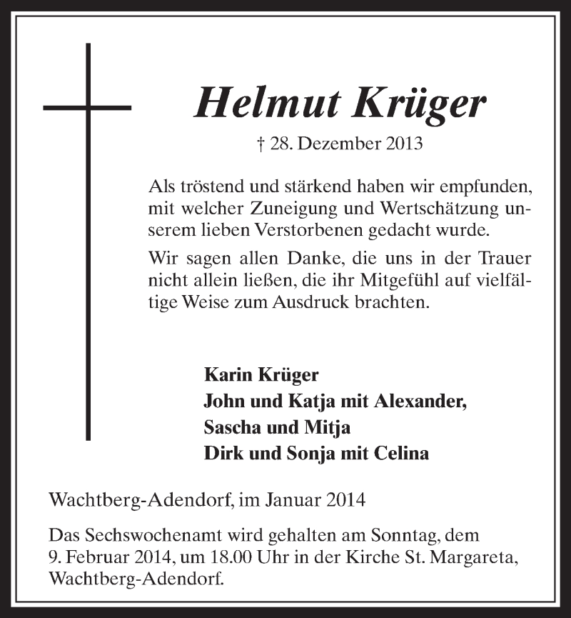  Traueranzeige für Helmut Krüger vom 29.01.2014 aus  Schaufenster/Blickpunkt 