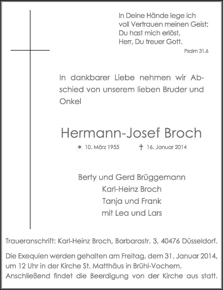  Traueranzeige für Hermann-Josef Broch vom 29.01.2014 aus  Schlossbote/Werbekurier 