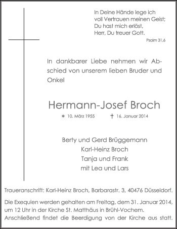 Anzeige von Hermann-Josef Broch von  Schlossbote/Werbekurier 
