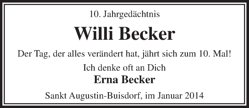  Traueranzeige für Willi Becker vom 29.01.2014 aus  Extra Blatt 