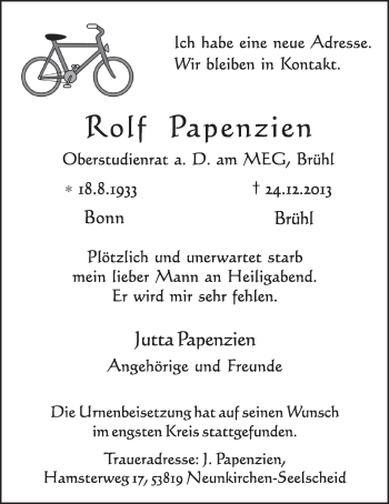 Anzeige von Rolf Papenzien von  Schlossbote/Werbekurier 