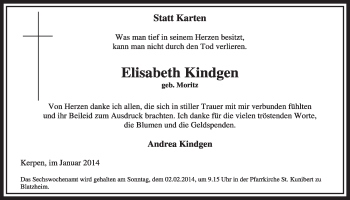 Anzeige von Elisabeth Kindgen von  Sonntags-Post 