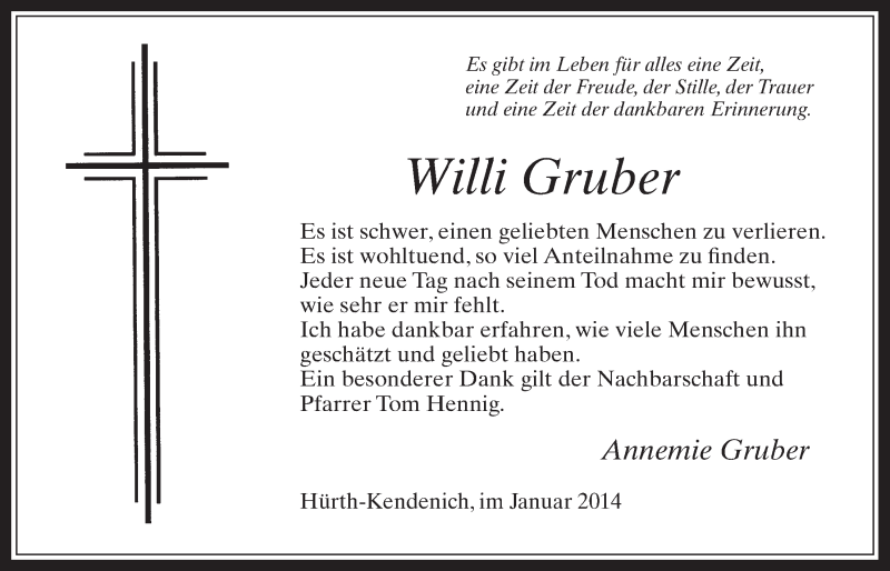  Traueranzeige für Willi Gruber vom 29.01.2014 aus  Wochenende 