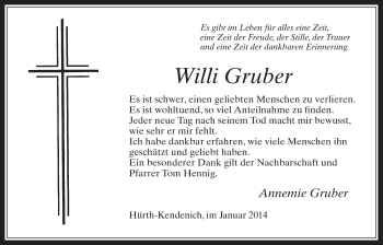 Anzeige von Willi Gruber von  Wochenende 