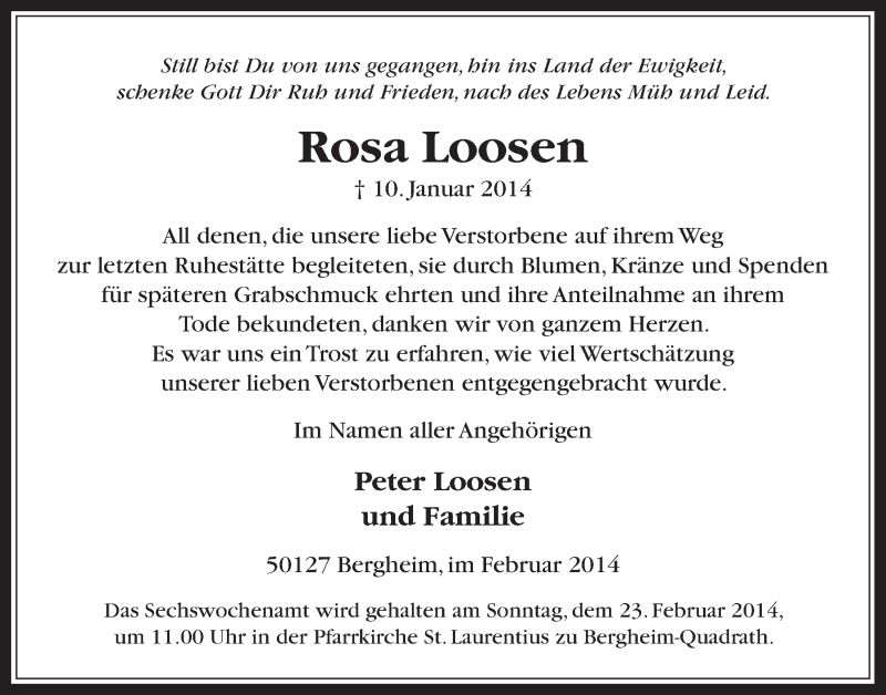  Traueranzeige für Rosa Loosen vom 19.02.2014 aus  Werbepost 