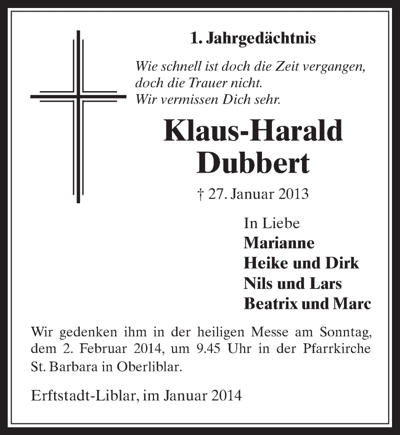  Traueranzeige für Klaus-Harald Dubbert vom 29.01.2014 aus  Werbepost 