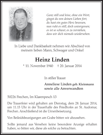 Anzeige von Heinz Linden von  Sonntags-Post 