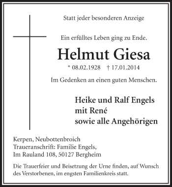 Anzeige von Helmut Giesa von  Sonntags-Post 