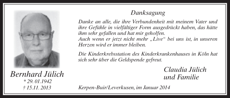  Traueranzeige für Bernhard Jülich vom 29.01.2014 aus  Werbepost 
