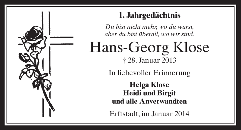  Traueranzeige für Hans-Georg Klose vom 29.01.2014 aus  Werbepost 