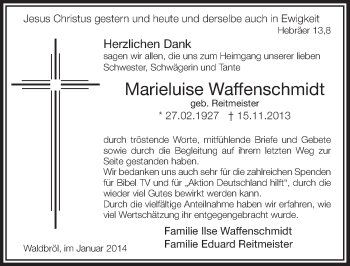 Anzeige von Marieluise Waffenschmidt von  Lokalanzeiger 