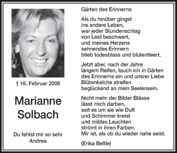 Anzeige von Marianne Solbach von  Lokalanzeiger 