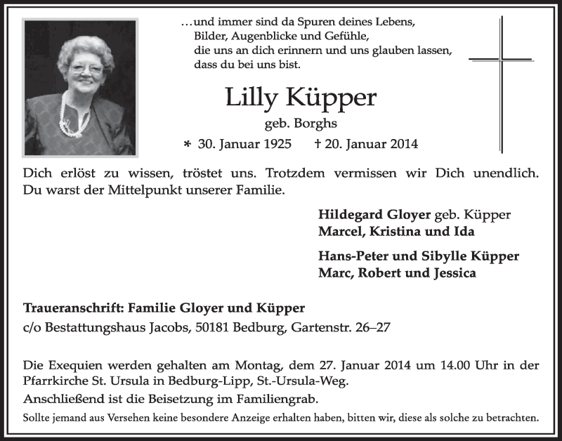  Traueranzeige für Lilly Küpper vom 25.01.2014 aus  Sonntags-Post 