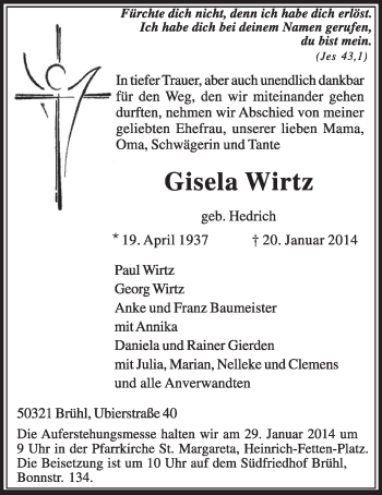 Anzeige von Gisela Wirtz von  Schlossbote/Werbekurier 